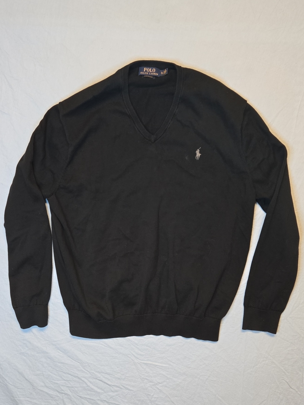 Polo Ralph Lauren Black Pima Cotton V-Neck Pullover Sweater with Grey Logo